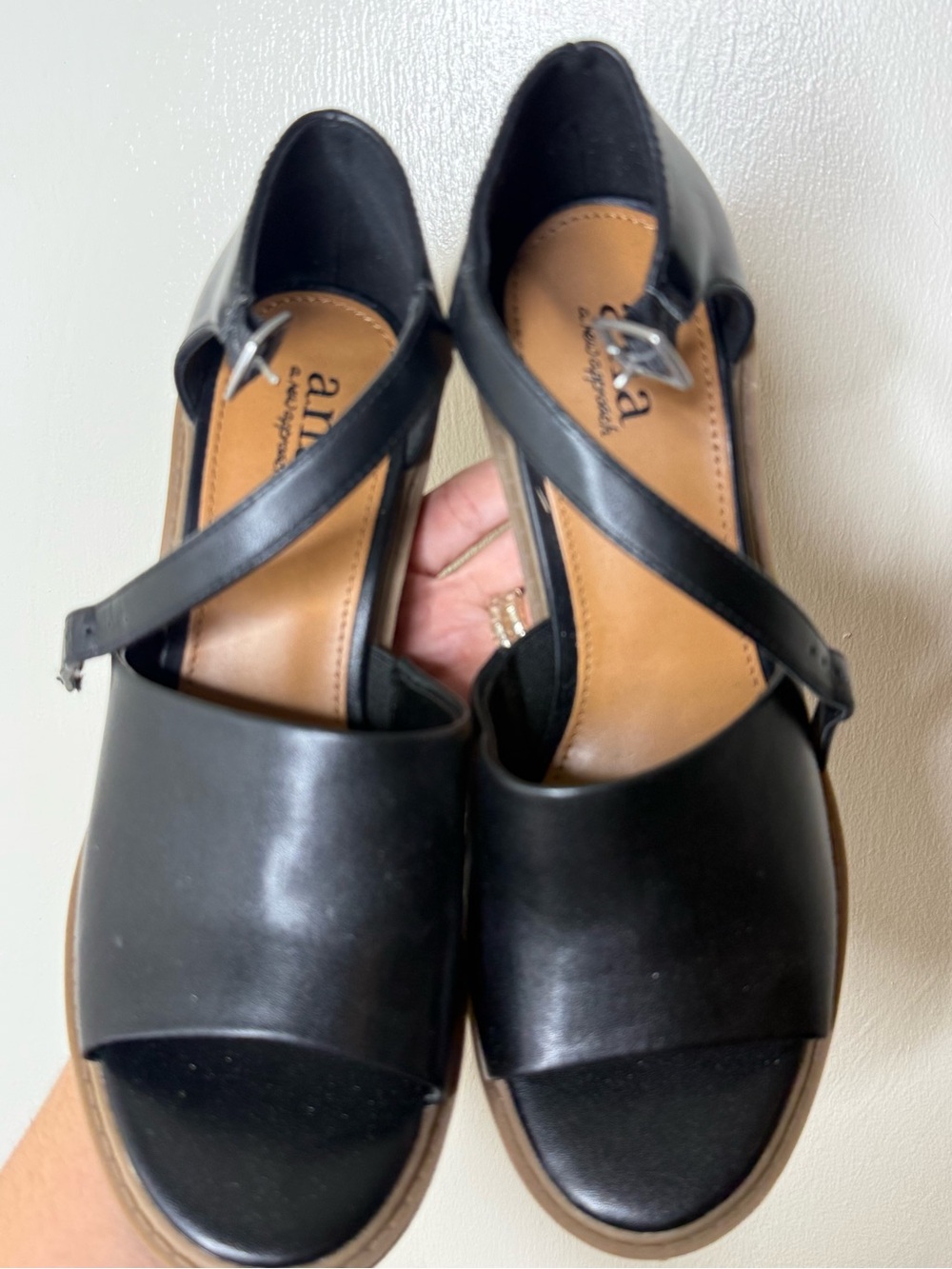 a.n.a Pixley Black Block Heel Sandals Size 7.5 Ankle Strap Wood Look Heel